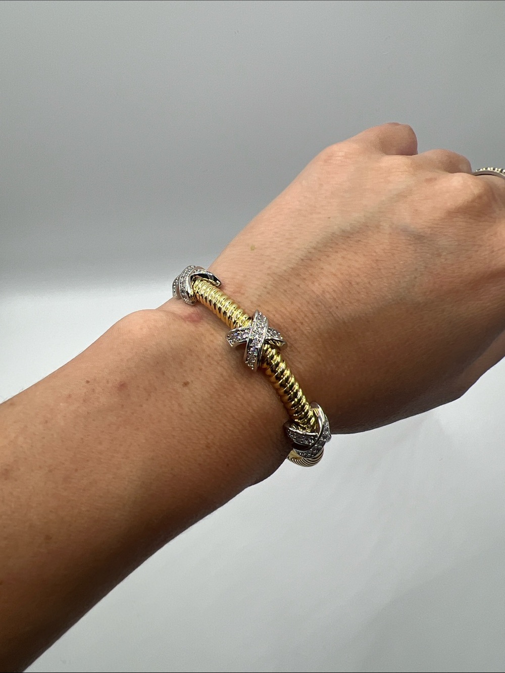 275. 18k Gold and White Gold Plated Bracelet with CZ Accents 5 1/2”
- 7 1/2”